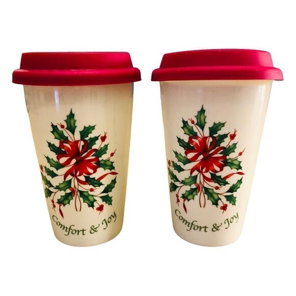 Set of 2 Lenox Christmas Travel Cup Mug Porcelain Hot Cold Beverage Silicone Lid - Picture 1 of 5